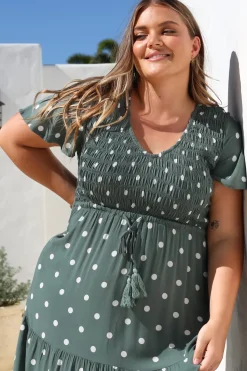 Amaya Midi Dress - Shirred Cap Sleeve A Line Dress in Parisian Polka Khaki><noscript><img width=