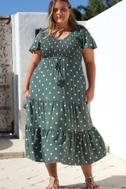 Amaya Midi Dress - Shirred Cap Sleeve A Line Dress in Parisian Polka Khaki><noscript><img width=