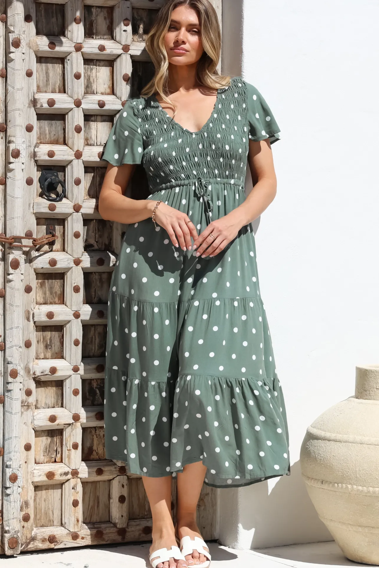 Amaya Midi Dress - Shirred Cap Sleeve A Line Dress in Parisian Polka Khaki>Salty Crush