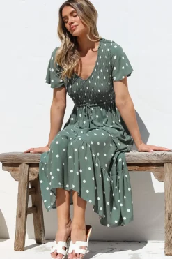 Amaya Midi Dress - Shirred Cap Sleeve A Line Dress in Parisian Polka Khaki><noscript><img width=