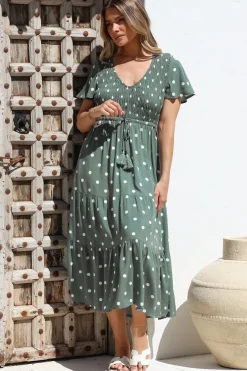 Amaya Midi Dress - Shirred Cap Sleeve A Line Dress in Parisian Polka Khaki><noscript><img width=