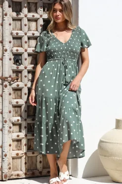 Amaya Midi Dress - Shirred Cap Sleeve A Line Dress in Parisian Polka Khaki><noscript><img width=