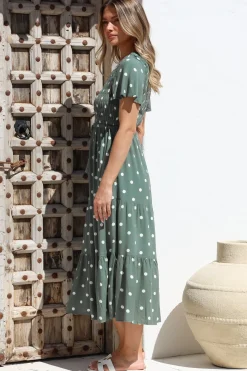 Amaya Midi Dress - Shirred Cap Sleeve A Line Dress in Parisian Polka Khaki><noscript><img width=