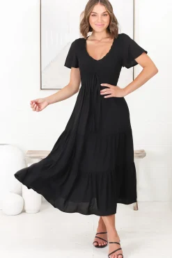 Amaya Midi Dress - Shirred Cap Sleeve A Line Dress in Black>Salty Crush