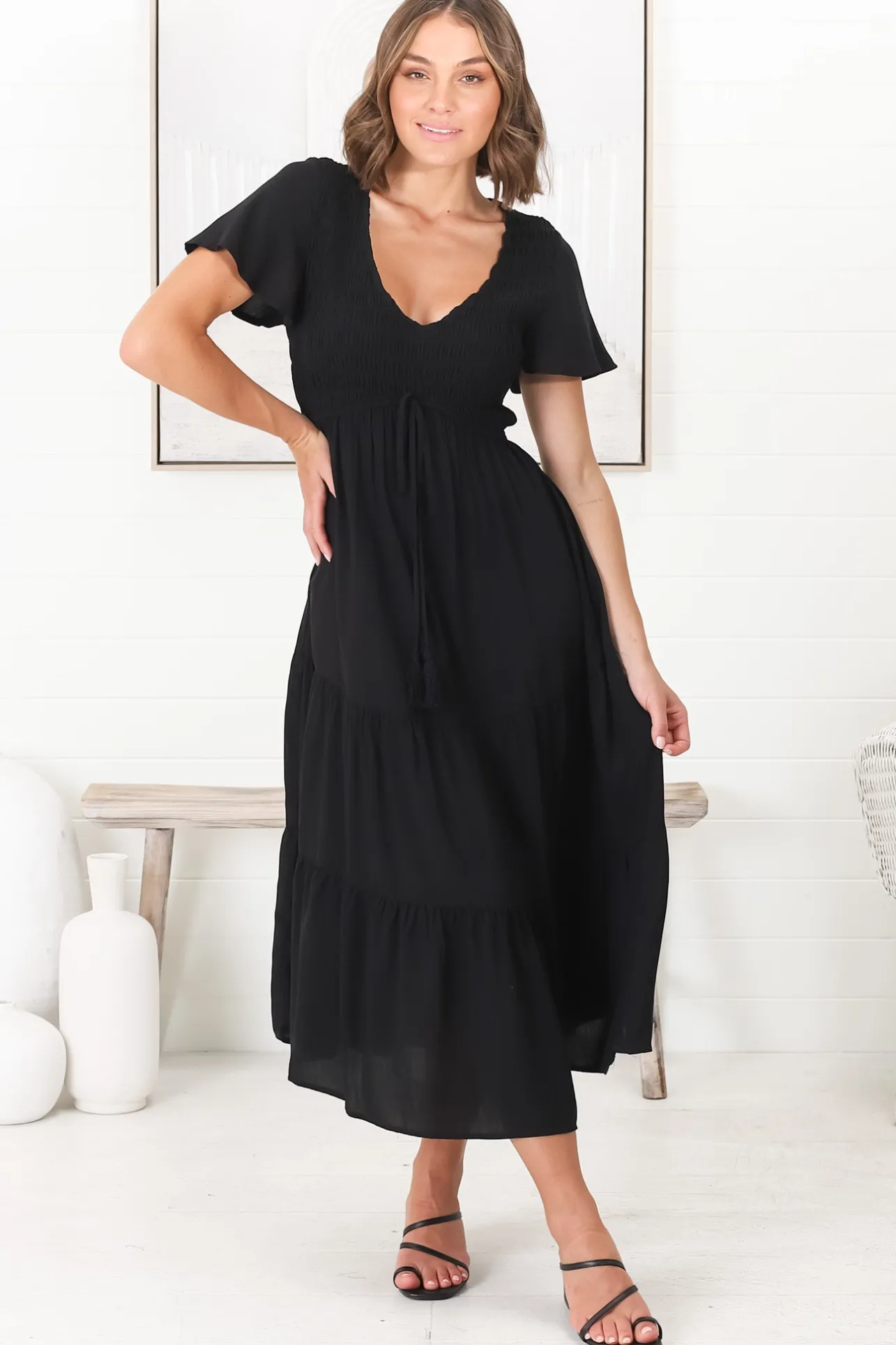 Amaya Midi Dress - Shirred Cap Sleeve A Line Dress in Black>Salty Crush