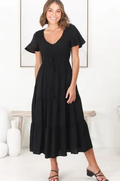 Amaya Midi Dress - Shirred Cap Sleeve A Line Dress in Black><noscript><img width=