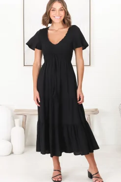 Amaya Midi Dress - Shirred Cap Sleeve A Line Dress in Black><noscript><img width=