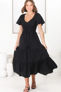Amaya Midi Dress - Shirred Cap Sleeve A Line Dress in Black><noscript><img width=
