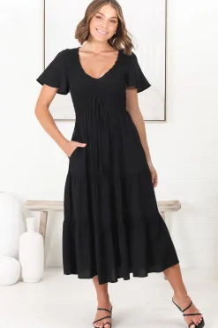 Amaya Midi Dress - Shirred Cap Sleeve A Line Dress in Black><noscript><img width=