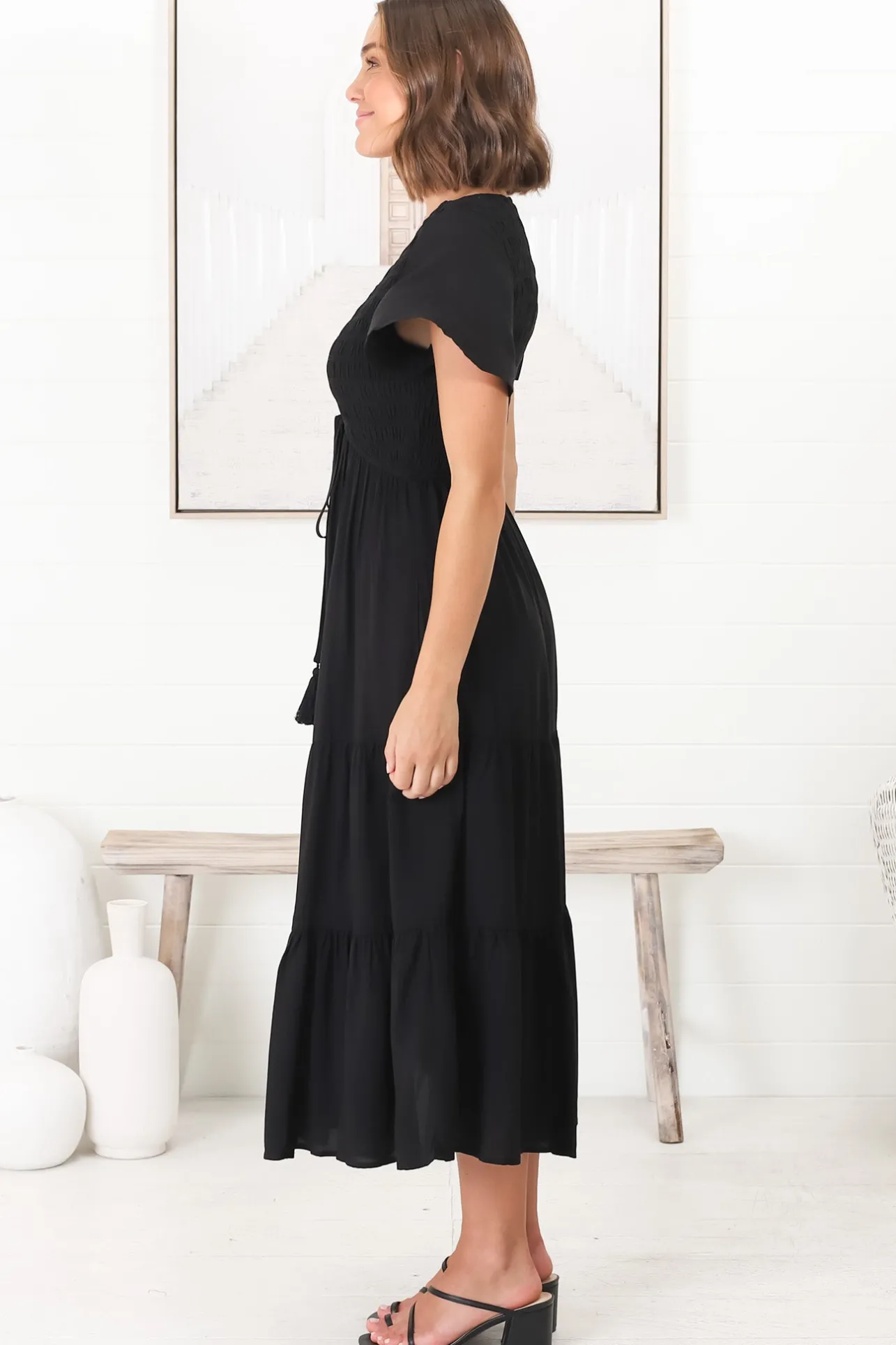 Amaya Midi Dress - Shirred Cap Sleeve A Line Dress in Black>Salty Crush