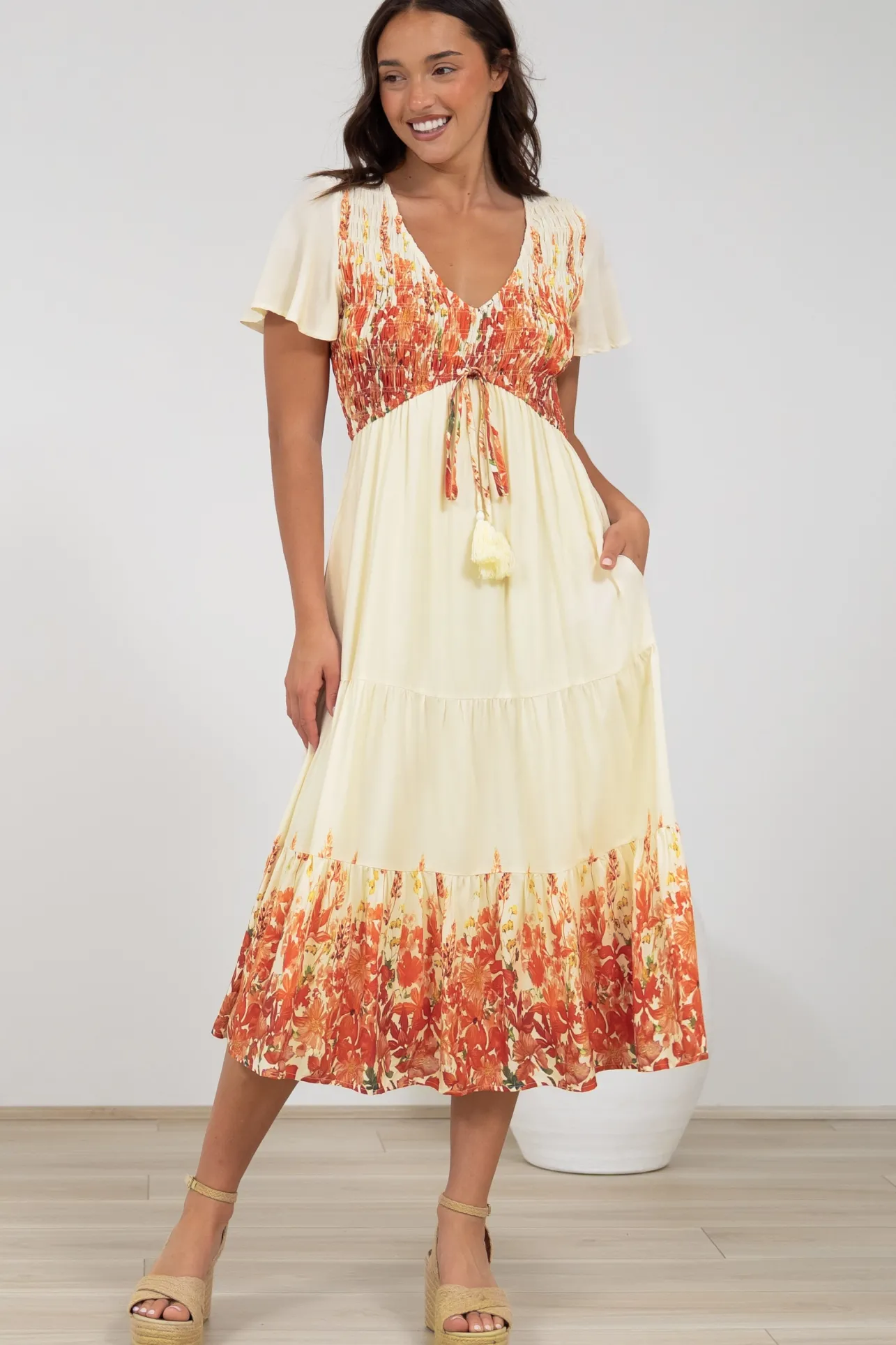 Amaya Midi Dress - Shirred Cap Sleeve A Line Dress in Marella Print Tangerine>Salty Crush Best