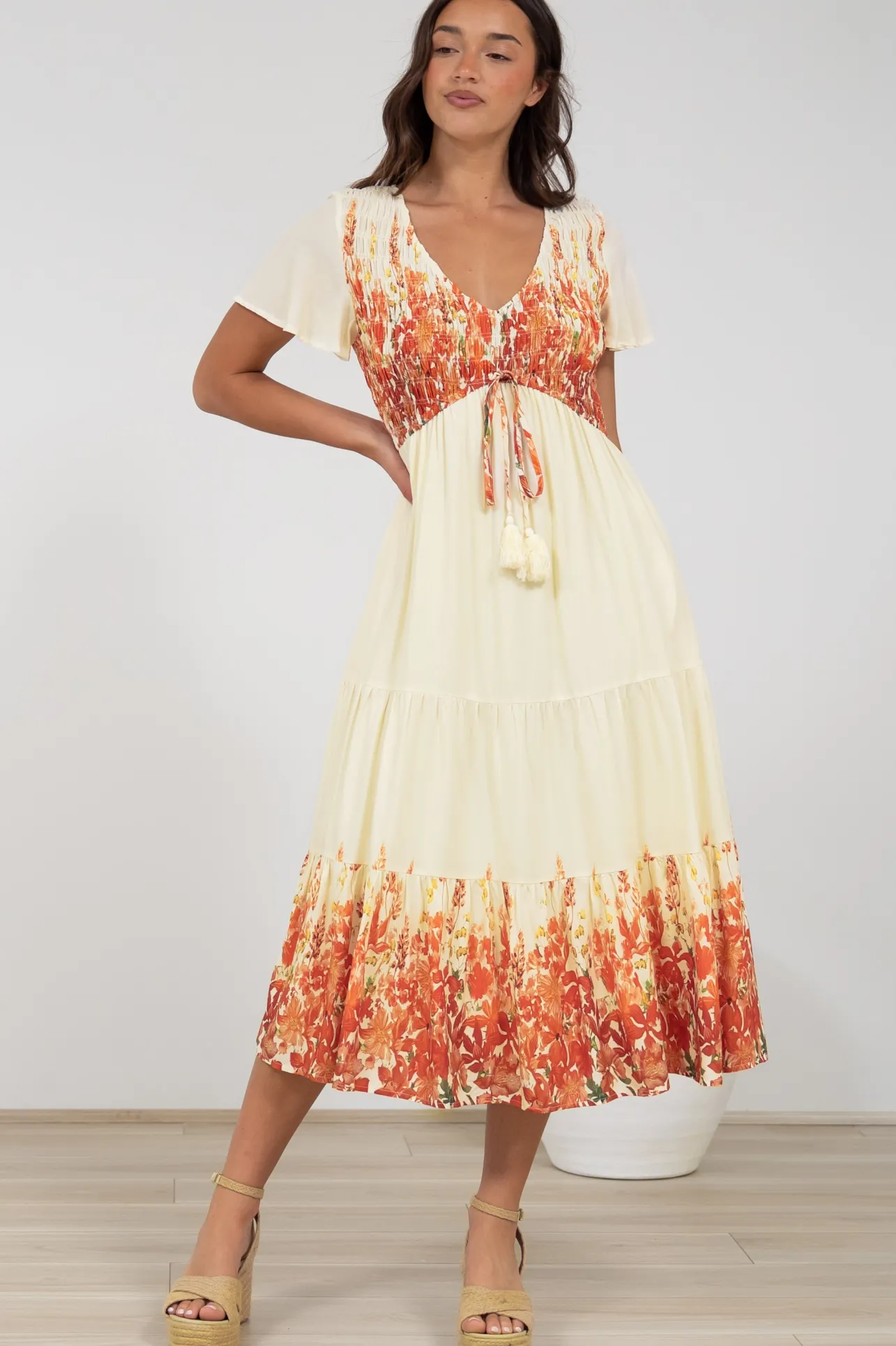 Amaya Midi Dress - Shirred Cap Sleeve A Line Dress in Marella Print Tangerine>Salty Crush Best