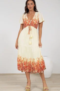 Amaya Midi Dress - Shirred Cap Sleeve A Line Dress in Marella Print Tangerine><noscript><img width=