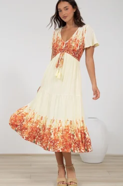 Amaya Midi Dress - Shirred Cap Sleeve A Line Dress in Marella Print Tangerine><noscript><img width=