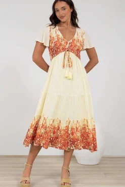 Amaya Midi Dress - Shirred Cap Sleeve A Line Dress in Marella Print Tangerine><noscript><img width=