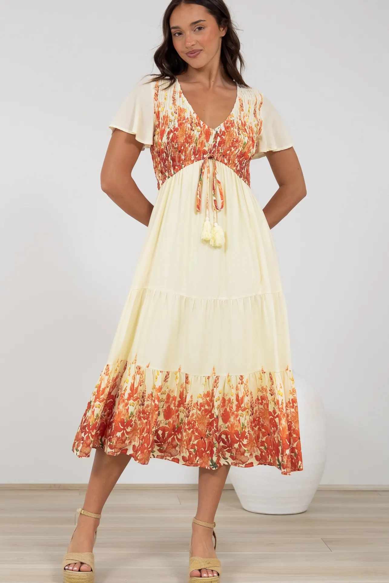 Amaya Midi Dress - Shirred Cap Sleeve A Line Dress in Marella Print Tangerine>Salty Crush Best