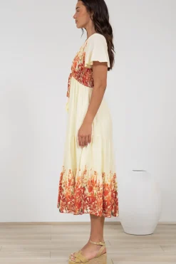 Amaya Midi Dress - Shirred Cap Sleeve A Line Dress in Marella Print Tangerine><noscript><img width=
