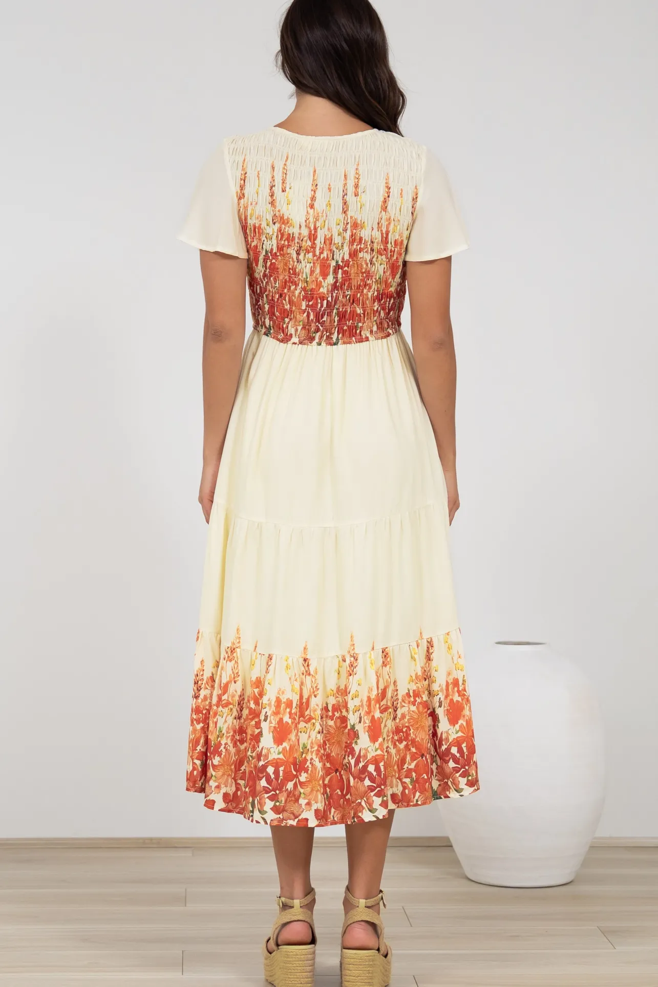 Amaya Midi Dress - Shirred Cap Sleeve A Line Dress in Marella Print Tangerine>Salty Crush Best
