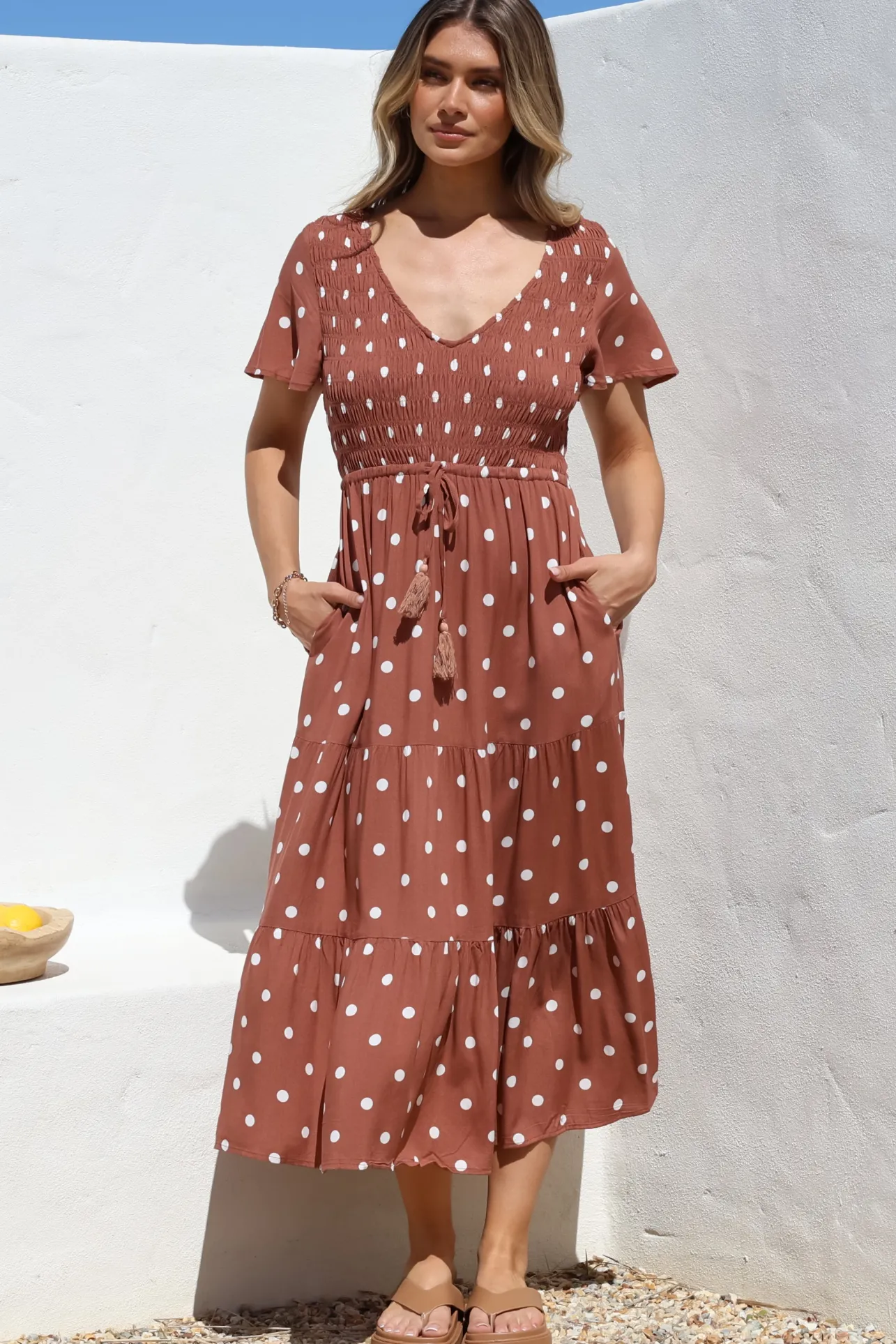 Amaya Midi Dress - Shirred Cap Sleeve A Line Dress in Parisian Polka Rust>Salty Crush Discount