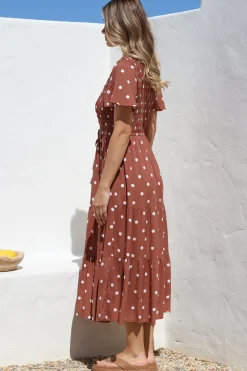 Amaya Midi Dress - Shirred Cap Sleeve A Line Dress in Parisian Polka Rust><noscript><img width=
