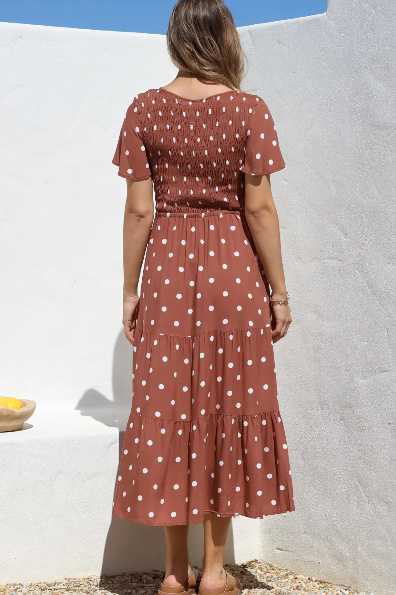 Amaya Midi Dress - Shirred Cap Sleeve A Line Dress in Parisian Polka Rust>Salty Crush Discount