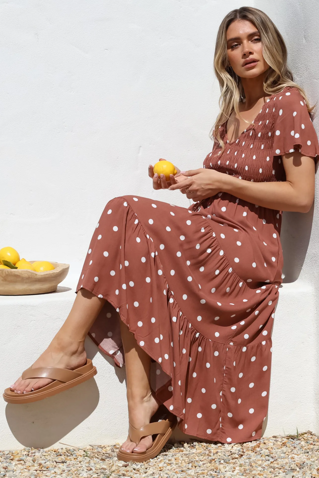 Amaya Midi Dress - Shirred Cap Sleeve A Line Dress in Parisian Polka Rust>Salty Crush Discount