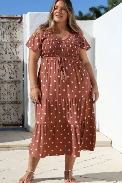 Amaya Midi Dress - Shirred Cap Sleeve A Line Dress in Parisian Polka Rust><noscript><img width=
