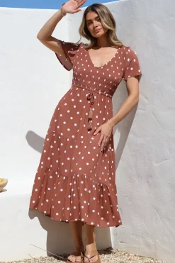 Amaya Midi Dress - Shirred Cap Sleeve A Line Dress in Parisian Polka Rust><noscript><img width=
