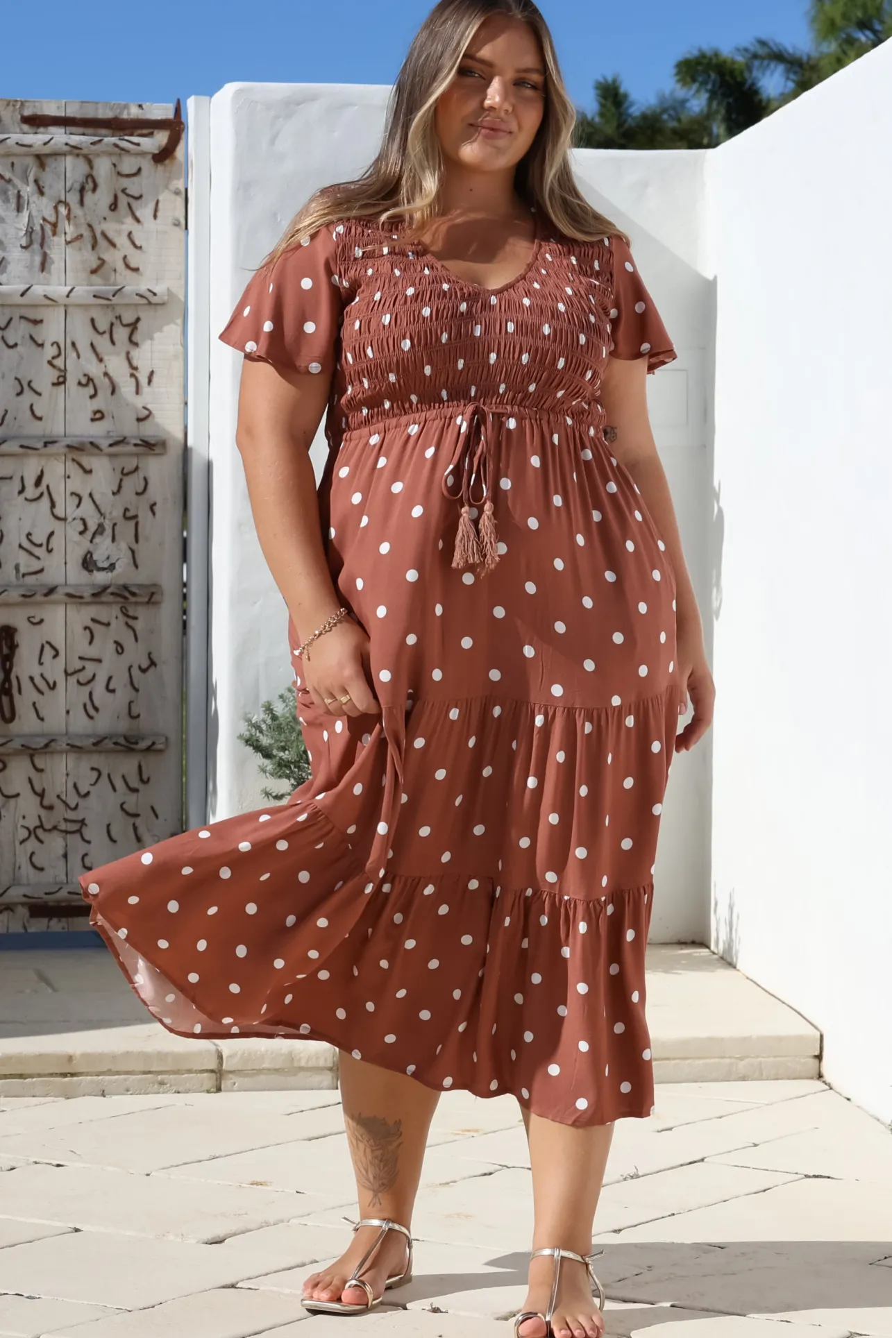 Amaya Midi Dress - Shirred Cap Sleeve A Line Dress in Parisian Polka Rust>Salty Crush Discount