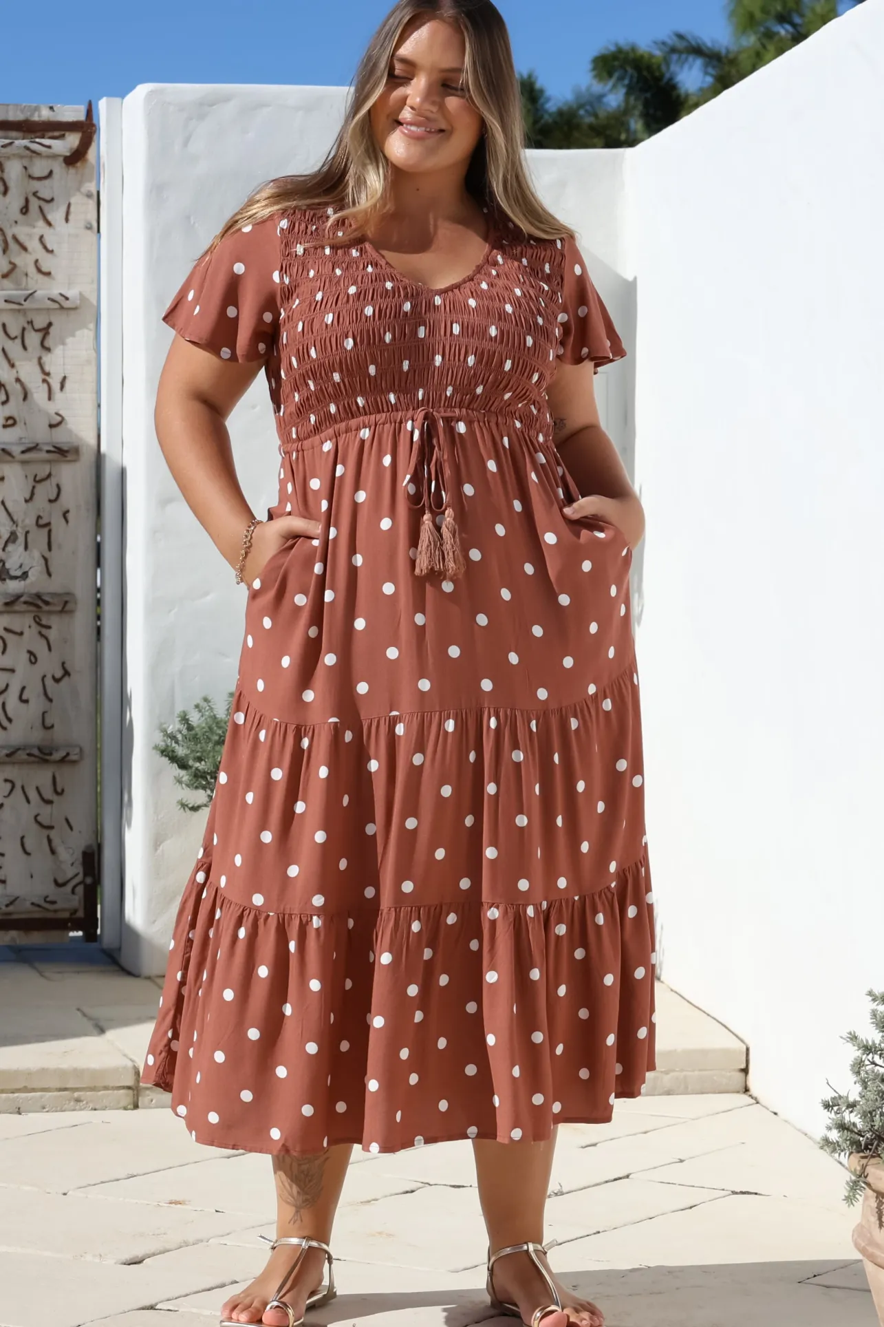 Amaya Midi Dress - Shirred Cap Sleeve A Line Dress in Parisian Polka Rust>Salty Crush Discount