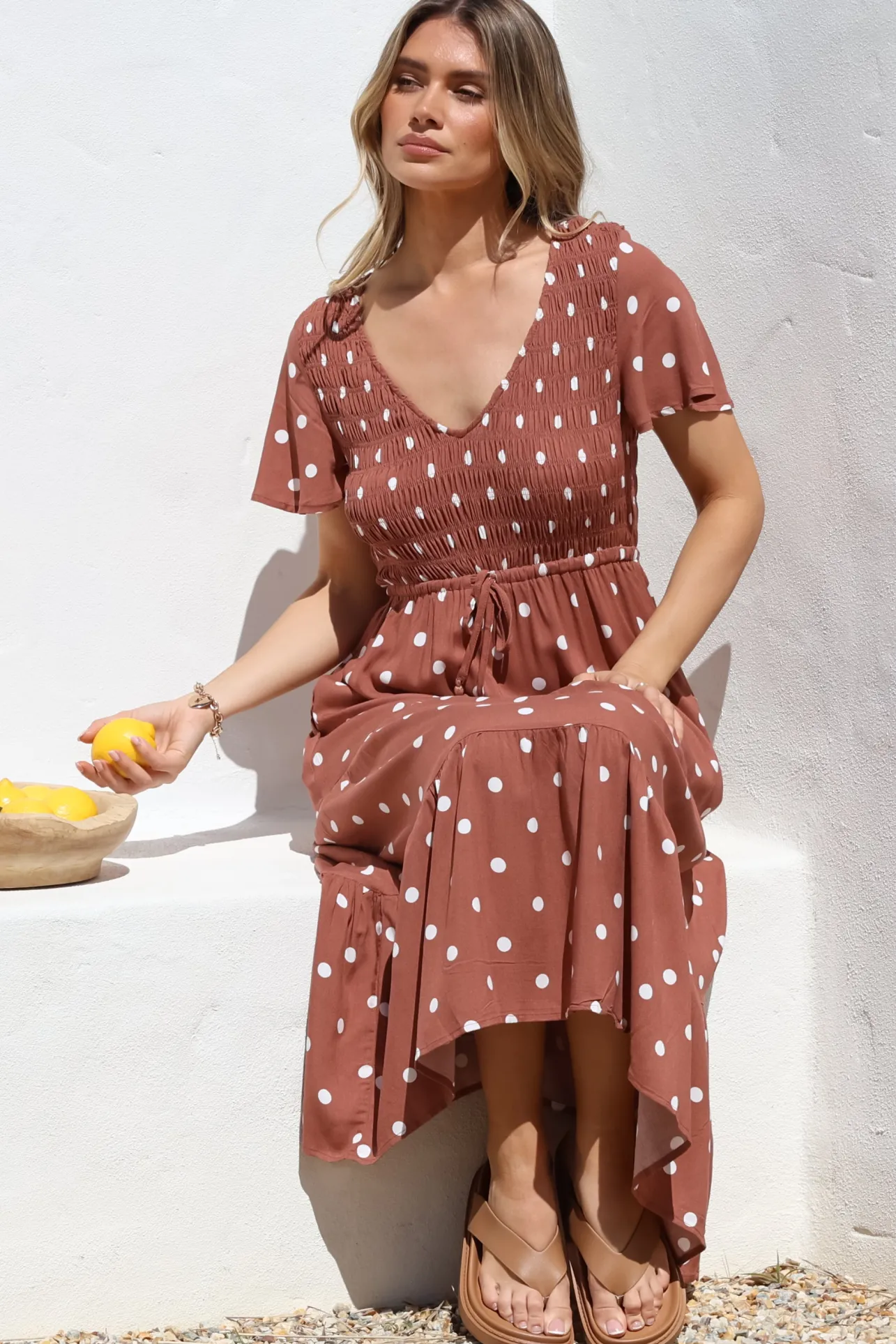 Amaya Midi Dress - Shirred Cap Sleeve A Line Dress in Parisian Polka Rust>Salty Crush Discount