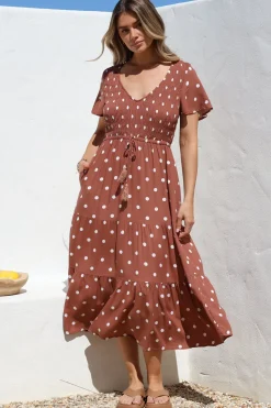 Amaya Midi Dress - Shirred Cap Sleeve A Line Dress in Parisian Polka Rust><noscript><img width=