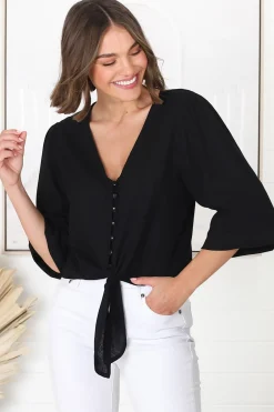 Amber Top - Button Down with Tie Detail Top in Black>Salty Crush Hot