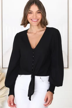Amber Top - Button Down with Tie Detail Top in Black>Salty Crush Hot