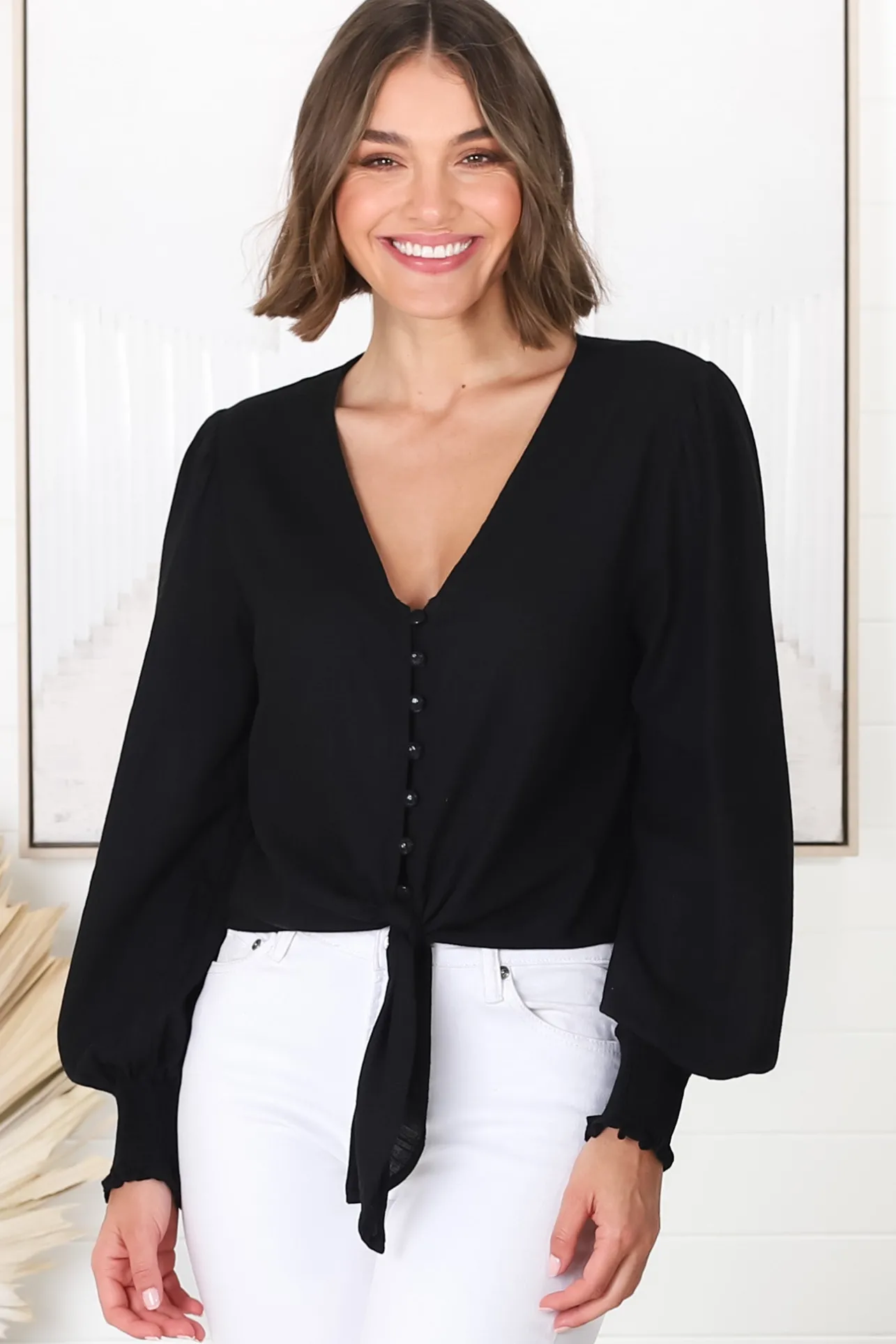 Amber Top - Button Down with Tie Detail Top in Black>Salty Crush Hot