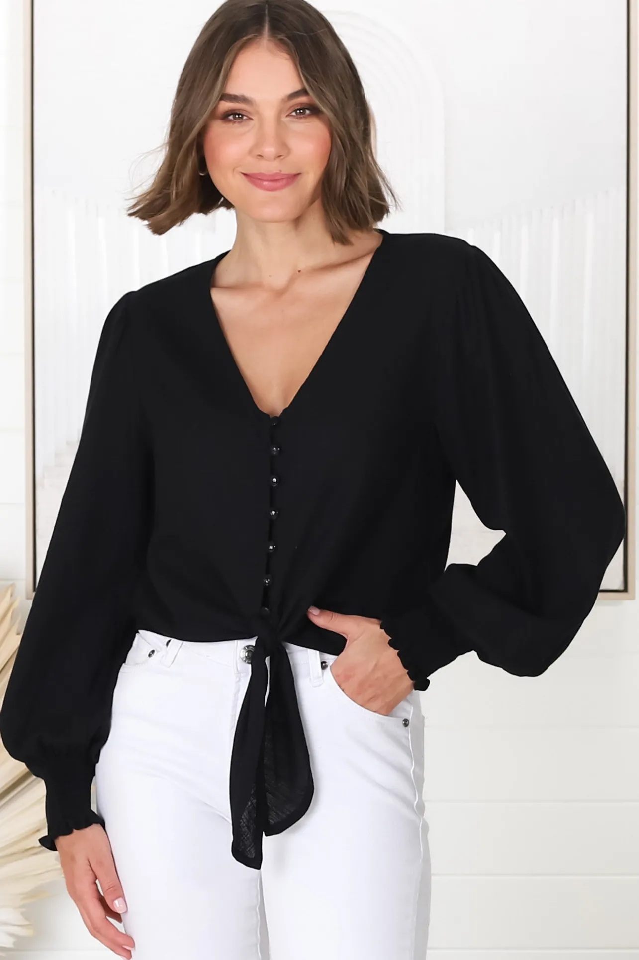 Amber Top - Button Down with Tie Detail Top in Black>Salty Crush Hot