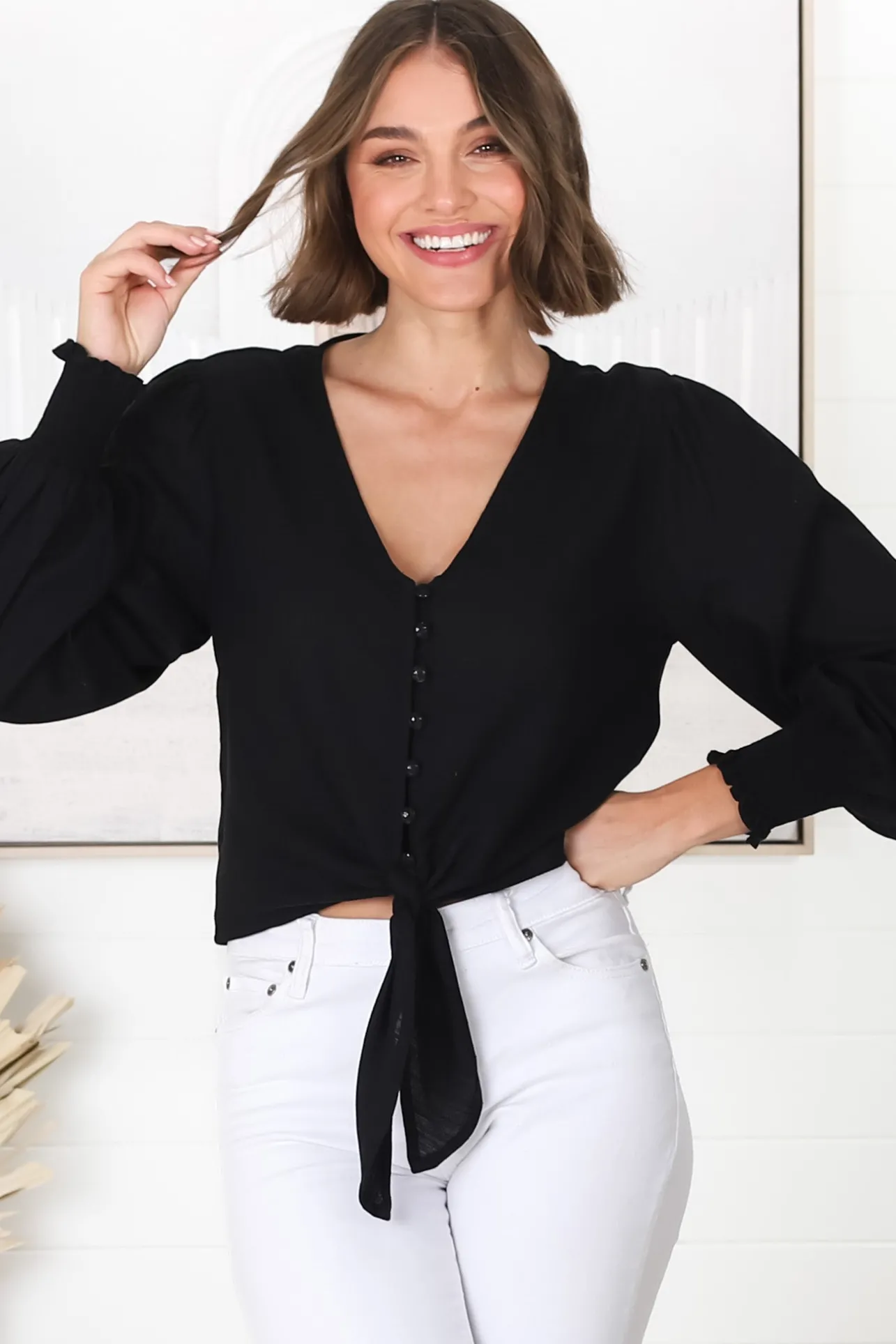 Amber Top - Button Down with Tie Detail Top in Black>Salty Crush Hot