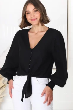 Amber Top - Button Down with Tie Detail Top in Black><noscript><img width=