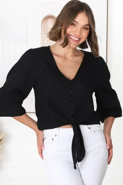 Amber Top - Button Down with Tie Detail Top in Black><noscript><img width=