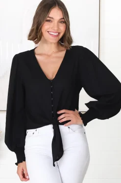 Amber Top - Button Down with Tie Detail Top in Black><noscript><img width=