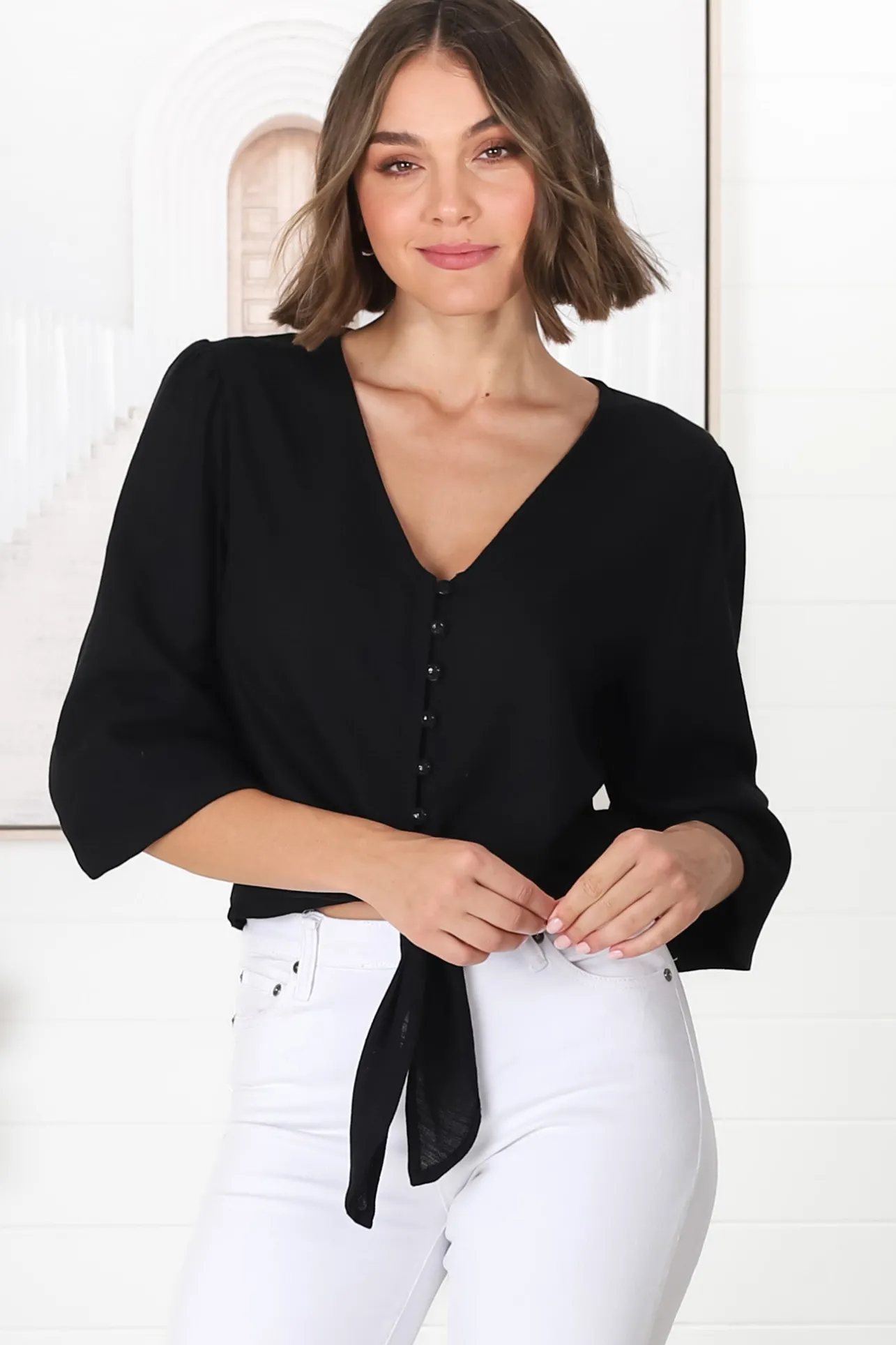 Amber Top - Button Down with Tie Detail Top in Black>Salty Crush Hot