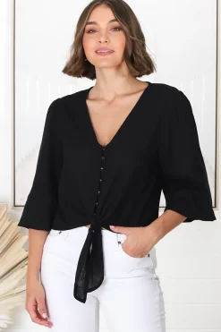 Amber Top - Button Down with Tie Detail Top in Black><noscript><img width=