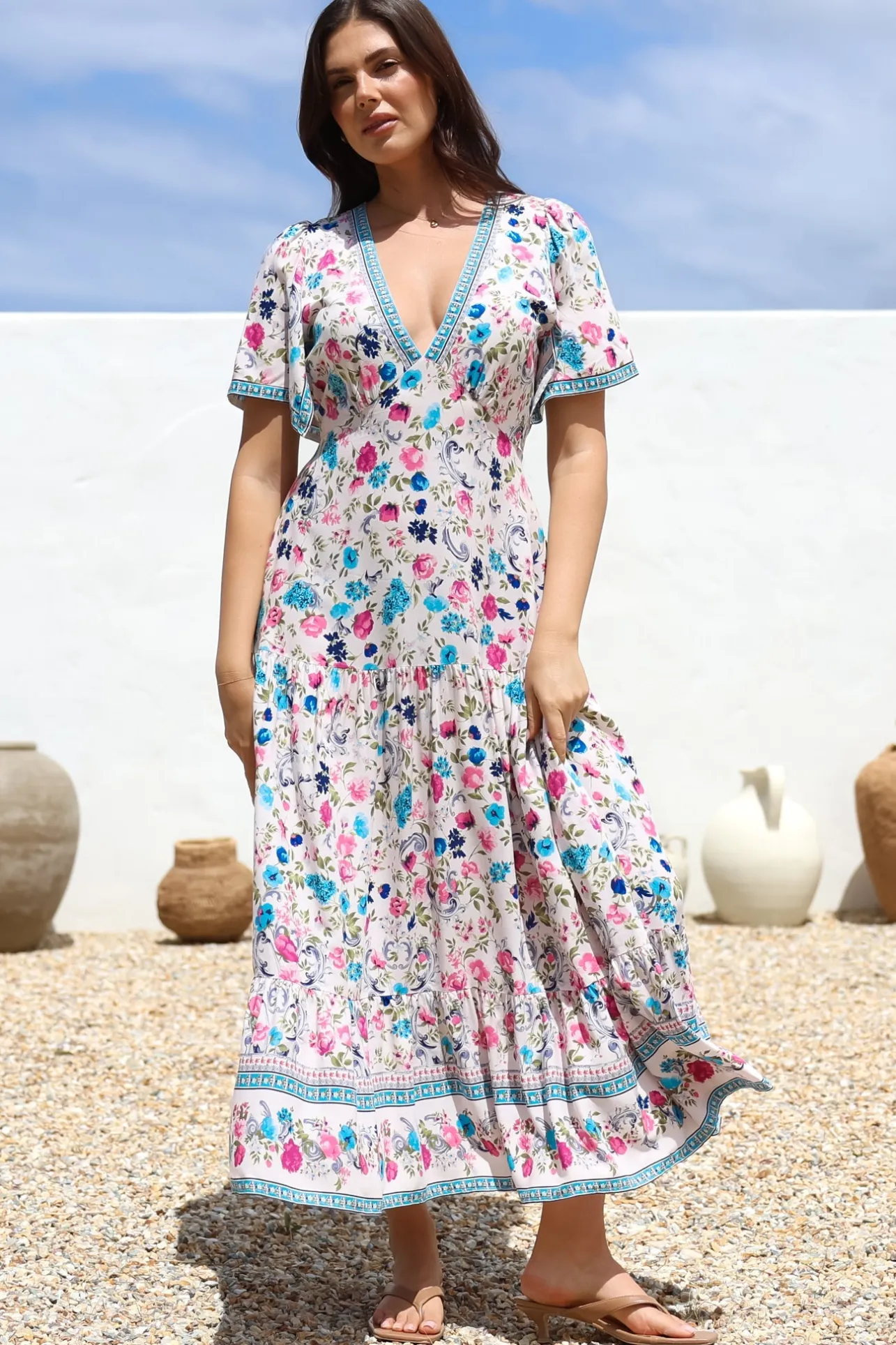 Amity Maxi Dress - V-Neck Empire Line Dress with Flutter Sleeves in Gardner Print>Salty Crush