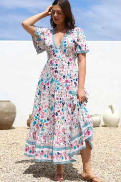 Amity Maxi Dress - V-Neck Empire Line Dress with Flutter Sleeves in Gardner Print><noscript><img width=