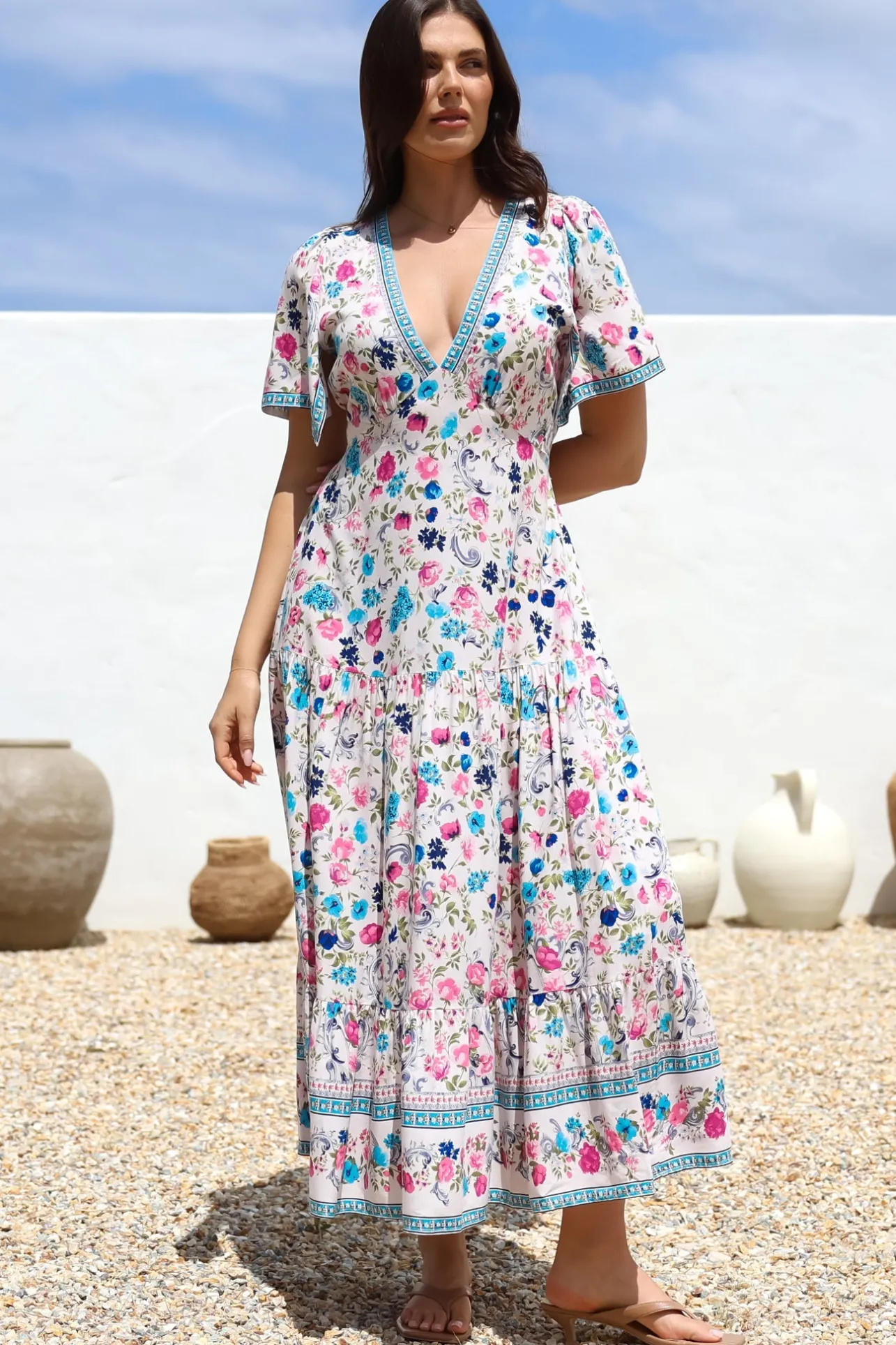 Amity Maxi Dress - V-Neck Empire Line Dress with Flutter Sleeves in Gardner Print>Salty Crush