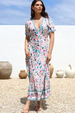 Amity Maxi Dress - V-Neck Empire Line Dress with Flutter Sleeves in Gardner Print><noscript><img width=