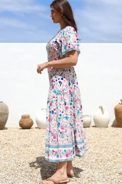 Amity Maxi Dress - V-Neck Empire Line Dress with Flutter Sleeves in Gardner Print><noscript><img width=