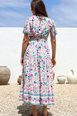 Amity Maxi Dress - V-Neck Empire Line Dress with Flutter Sleeves in Gardner Print><noscript><img width=
