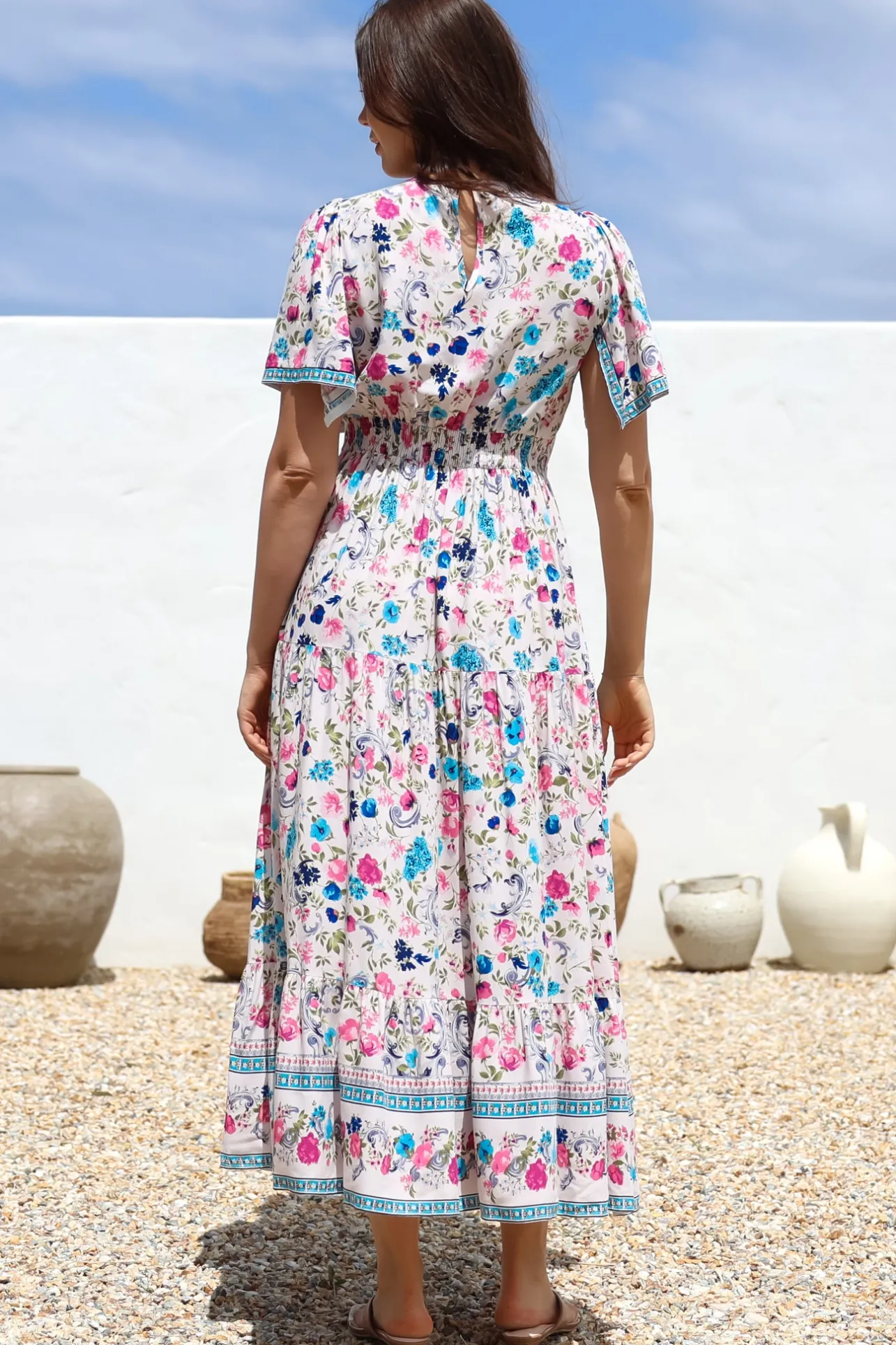 Amity Maxi Dress - V-Neck Empire Line Dress with Flutter Sleeves in Gardner Print>Salty Crush