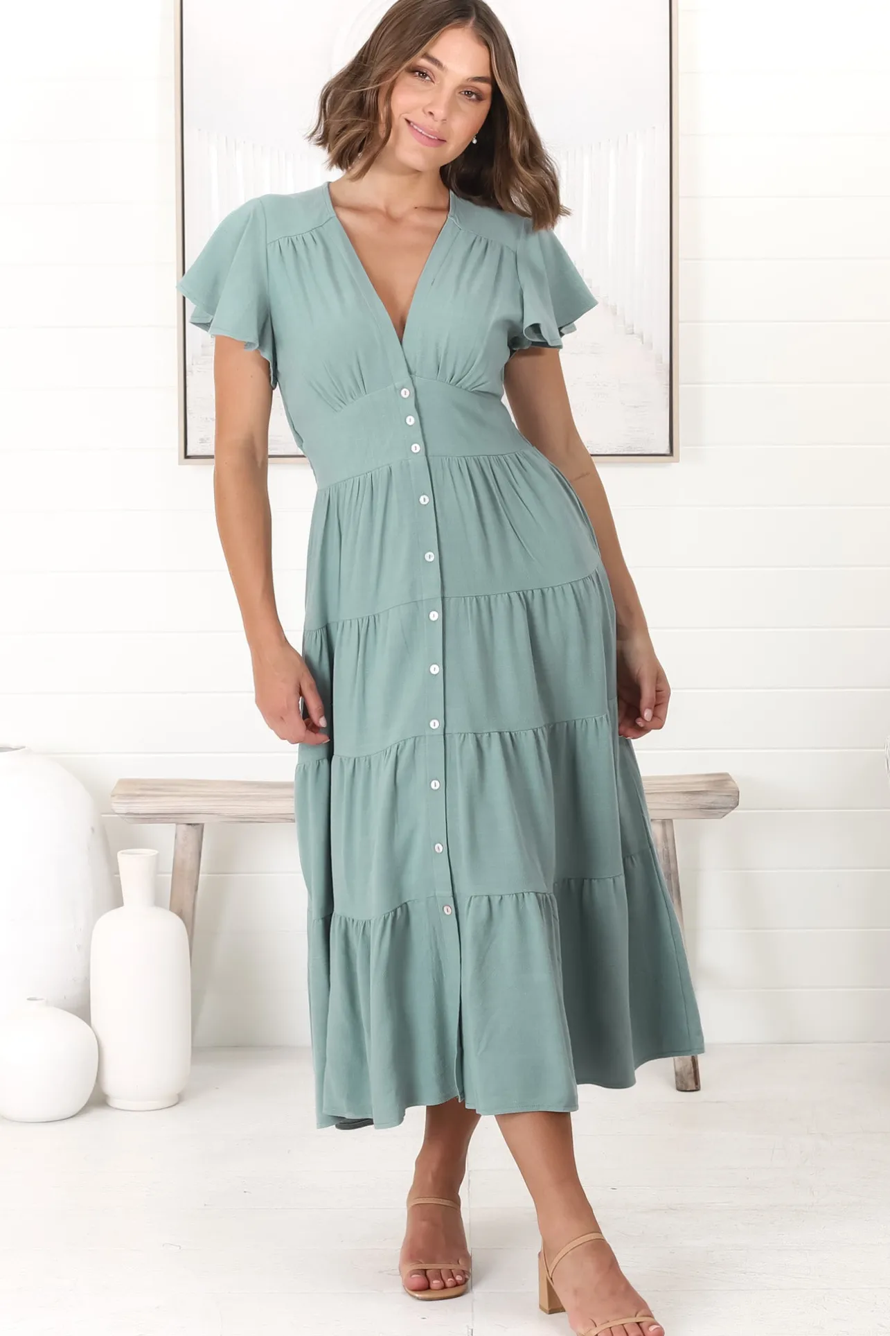 Amy Midi Dress - Flutter Cap Sleeve Buttoned Down V Neck Dress in Sage>Salty Crush Hot